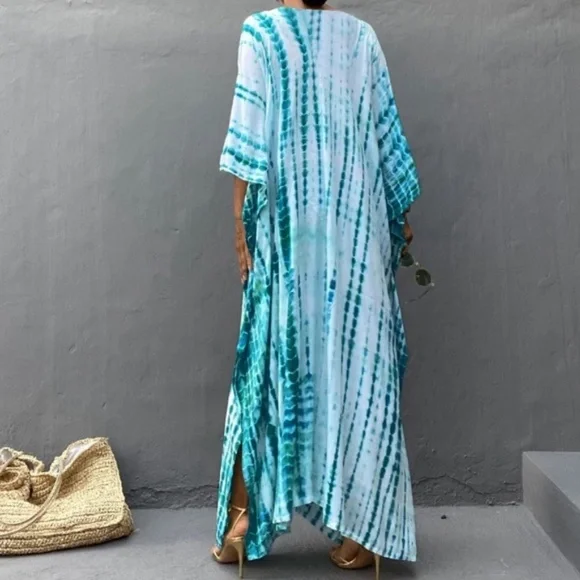 SOLD OUT Teal Boho Tie Dye Kaftan Kimono Coverup Dress - Picture 4 of 5